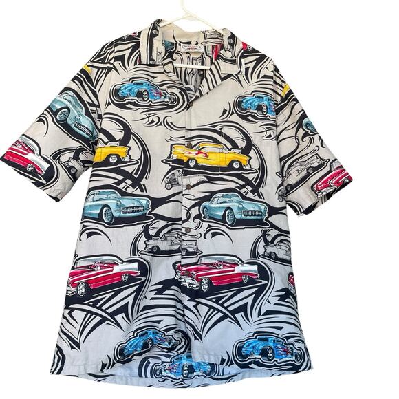 Pacific Legends Men Hawaiian Button Up Shirt Extra Large XL Cotton Car Print USA - Picture 1 of 9